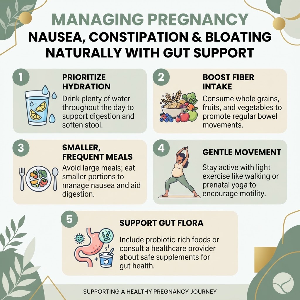 Managing Pregnancy Nausea, Constipation and Bloating Naturally With Gut Support — Infographic