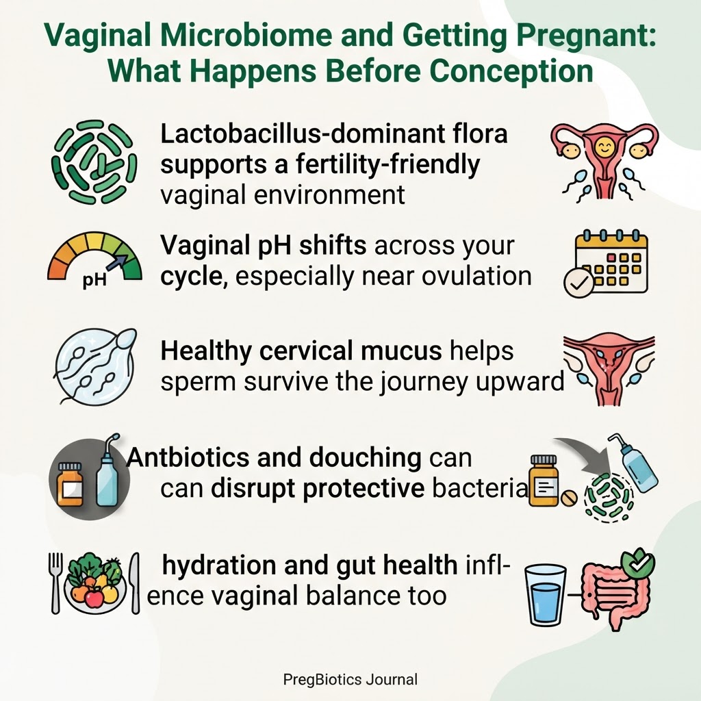 Vaginal Microbiome and Getting Pregnant: What Happens Before Conception — key points infographic