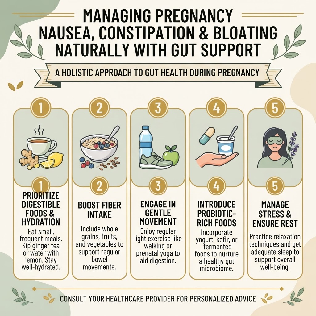 Managing Pregnancy Nausea, Constipation and Bloating Naturally With Gut Support — Infographic