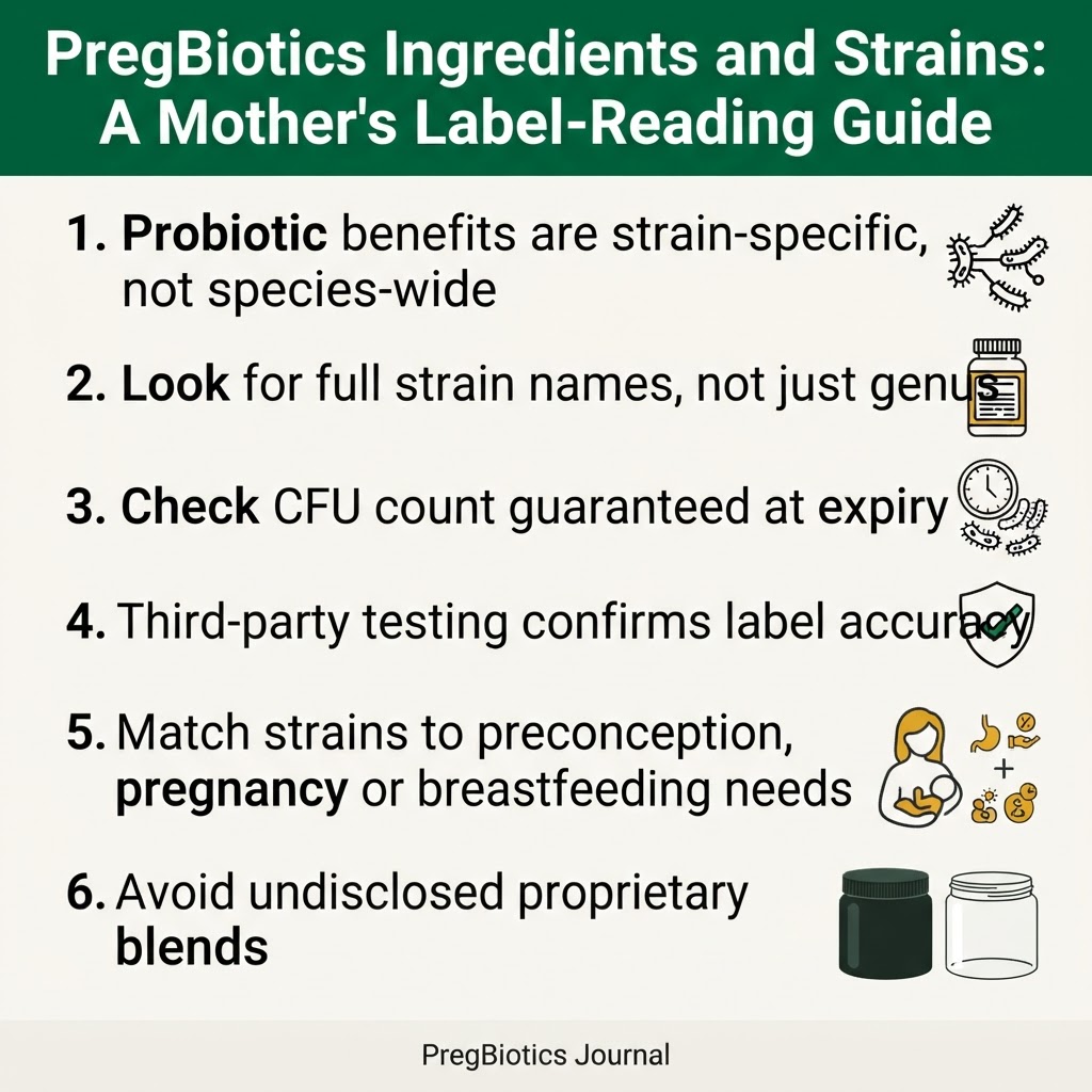 PregBiotics Ingredients and Strains: A Mother's Label-Reading Guide — key points infographic