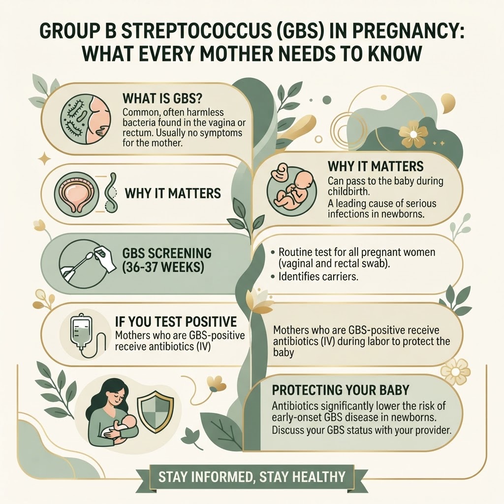 Group B Streptococcus in Pregnancy: What Every Mother Needs to Know About GBS Screening, Prevention & Gut Health — Infographic
