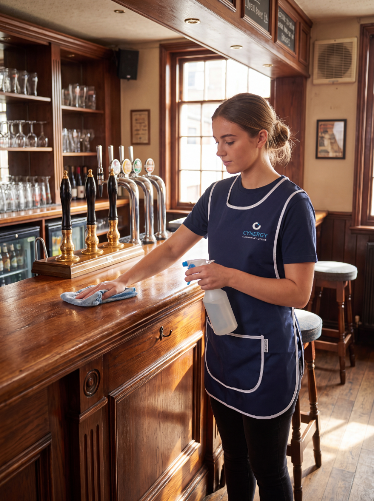 Cynergy cleaner wiping a pub bar counter