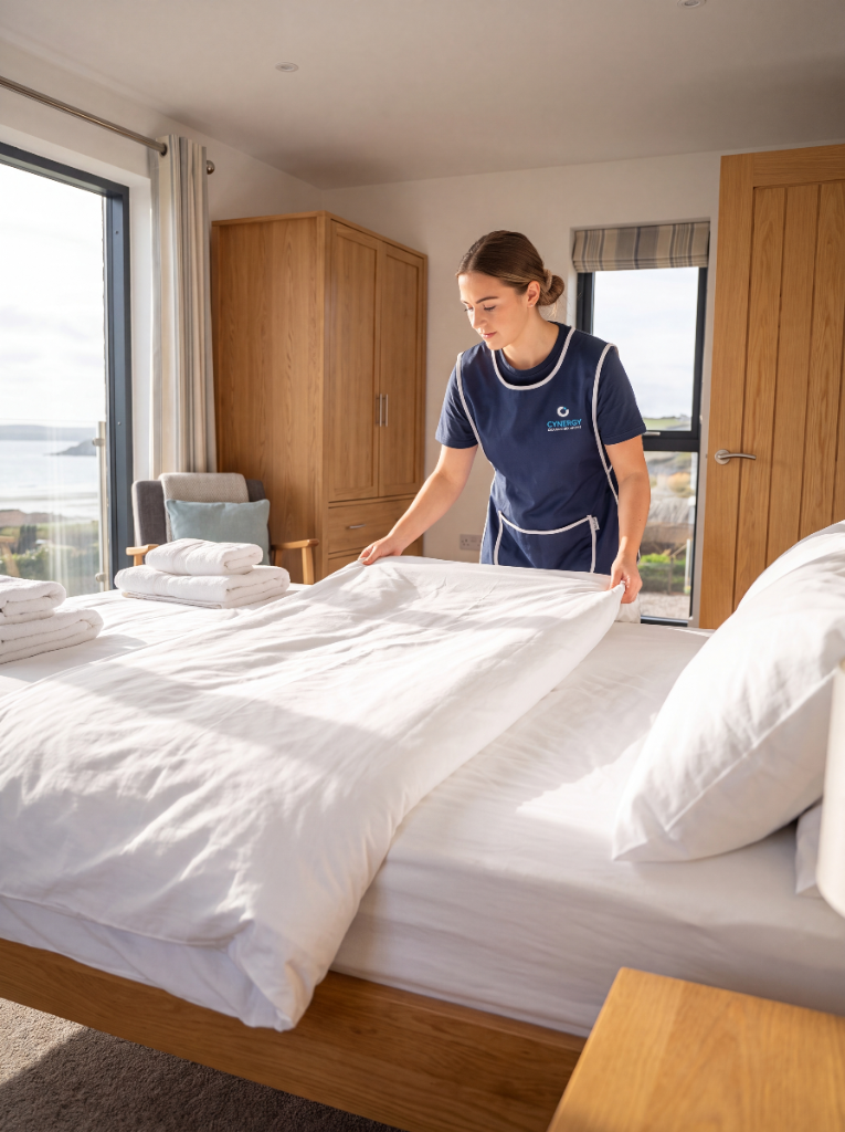 Cynergy Cleaning team member preparing a bed in a holiday let bedroom