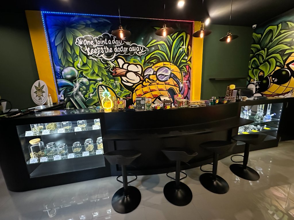 Happy High Bangkok street art mural with pineapple mascot