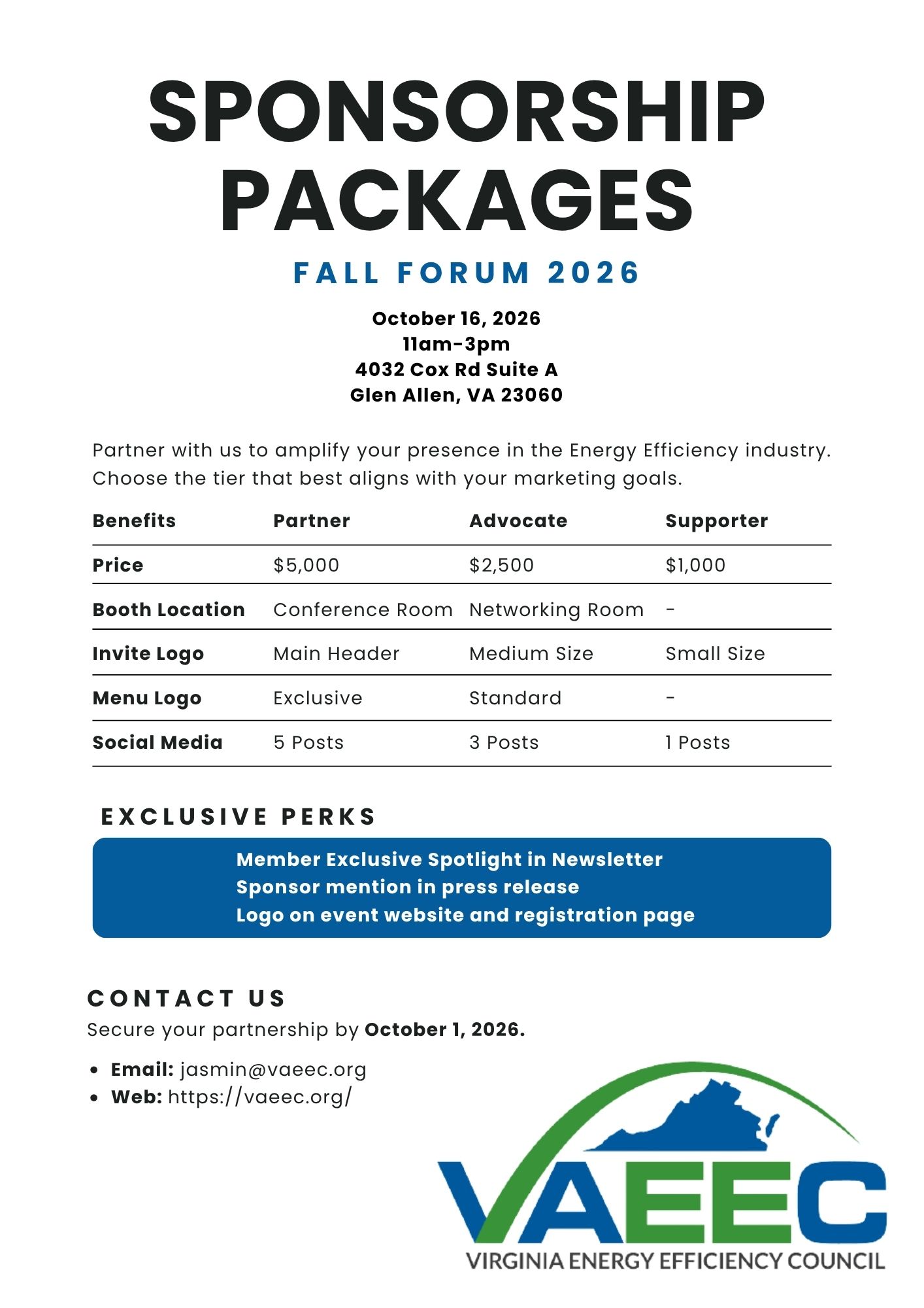 VAEEC Fall Forum 2026 Sponsorship Packages — Partner, Advocate, and Supporter tiers with exclusive perks