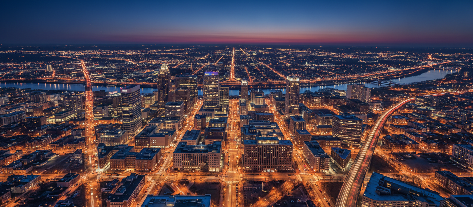 Aerial view of Virginia cityscape at twilight showing the intricate web of lights and infrastructure