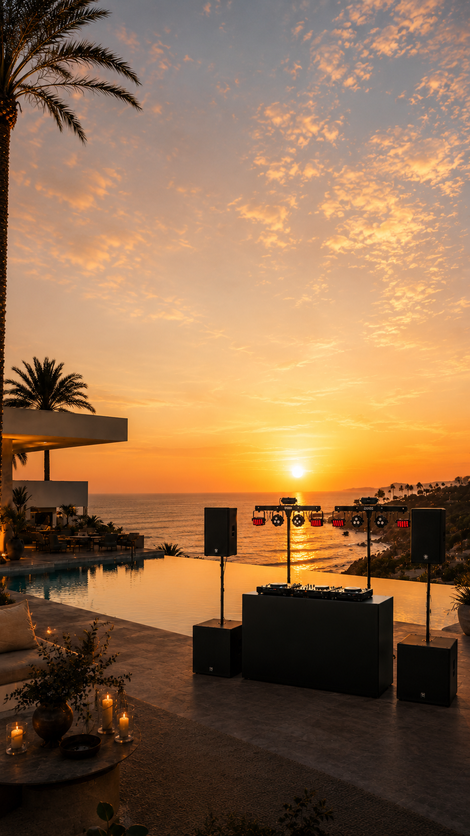 ApexWave DJ setup at sunset terrace overlooking the Algarve ocean