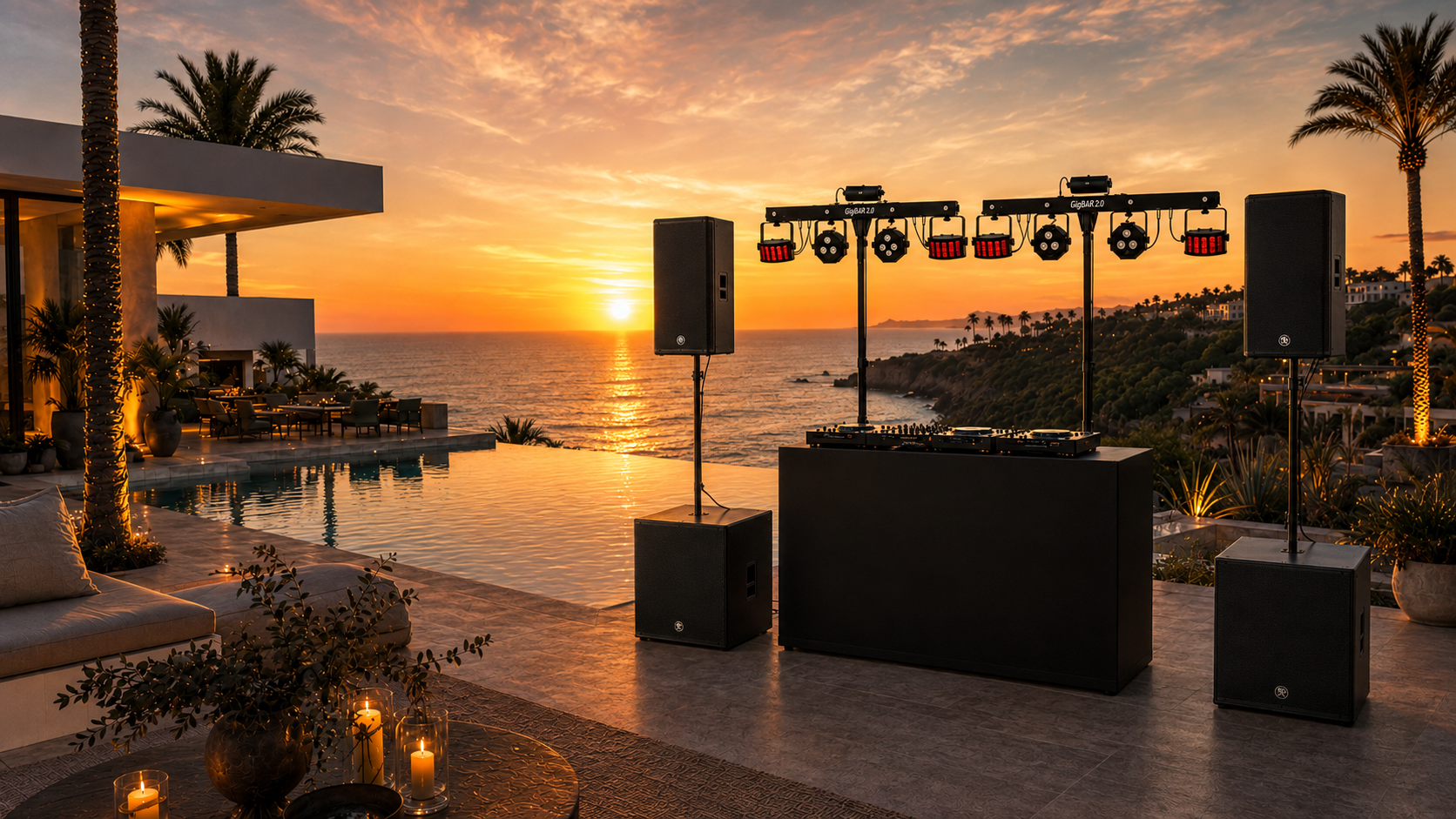 ApexWave DJ setup at sunset terrace overlooking the Algarve ocean