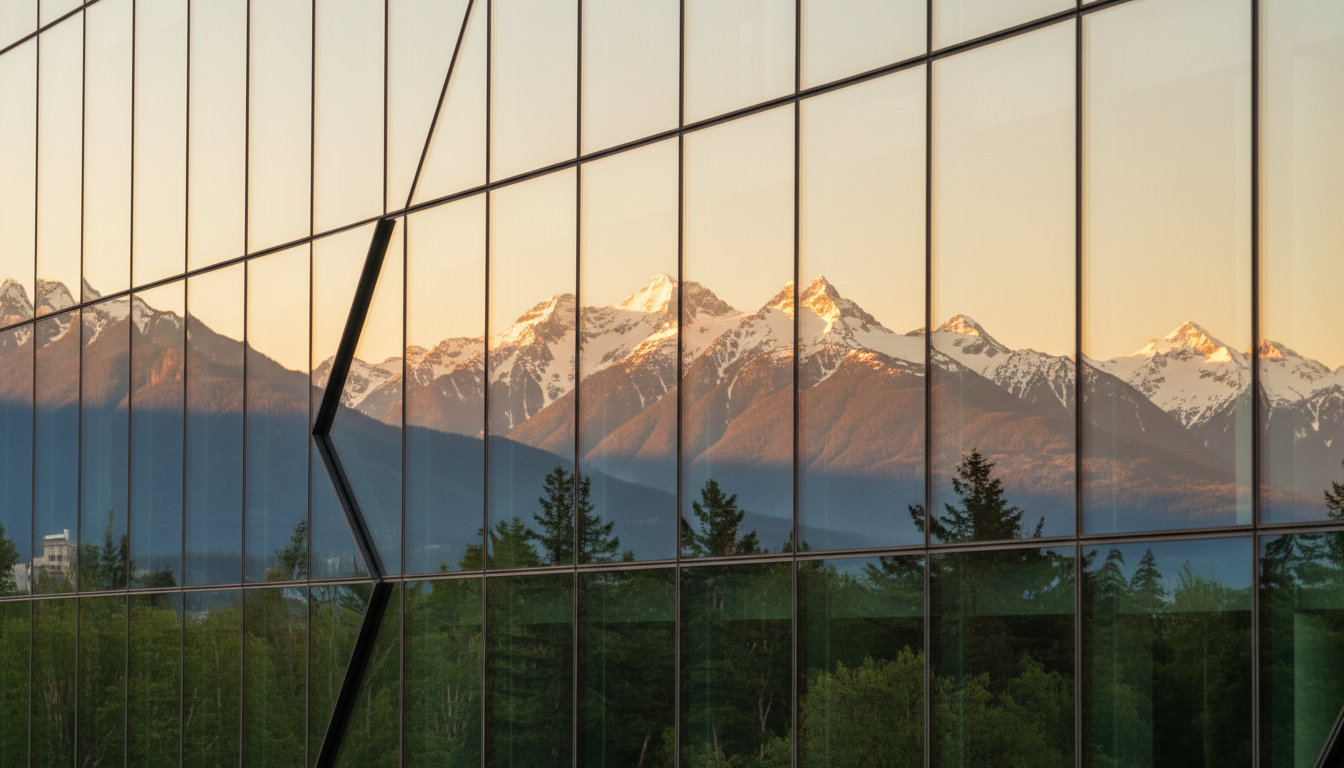 Modern glass architecture reflecting North Vancouver mountains