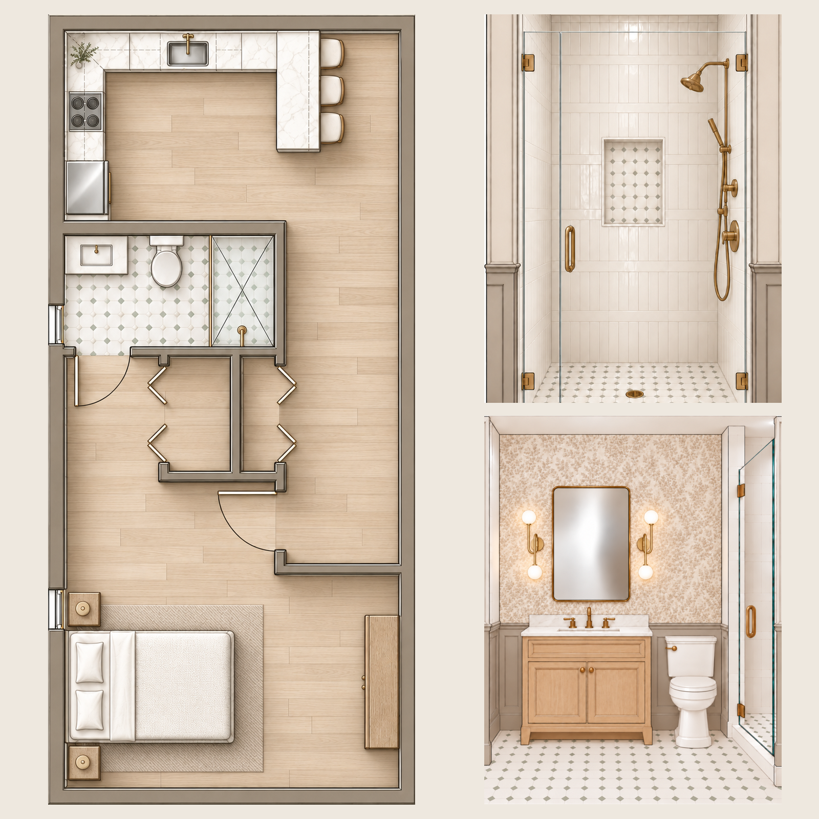 Furnished floor plan alongside coordinated shower and bathroom vanity elevations