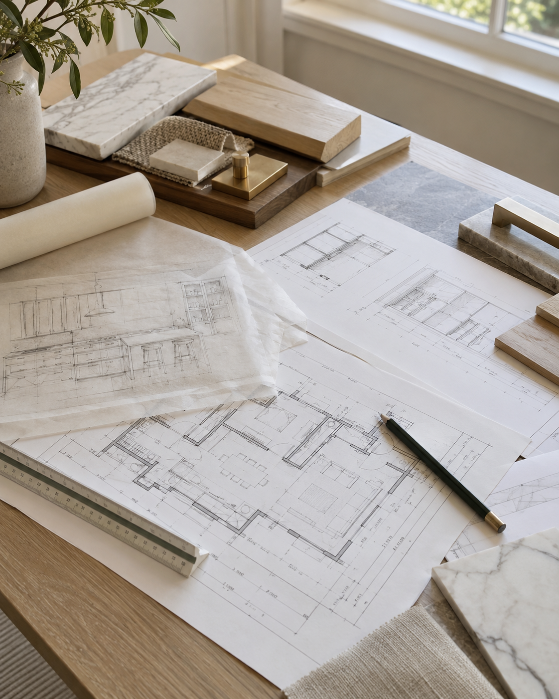 Floor plans, elevation drawings and coordinated stone, wood and hardware samples