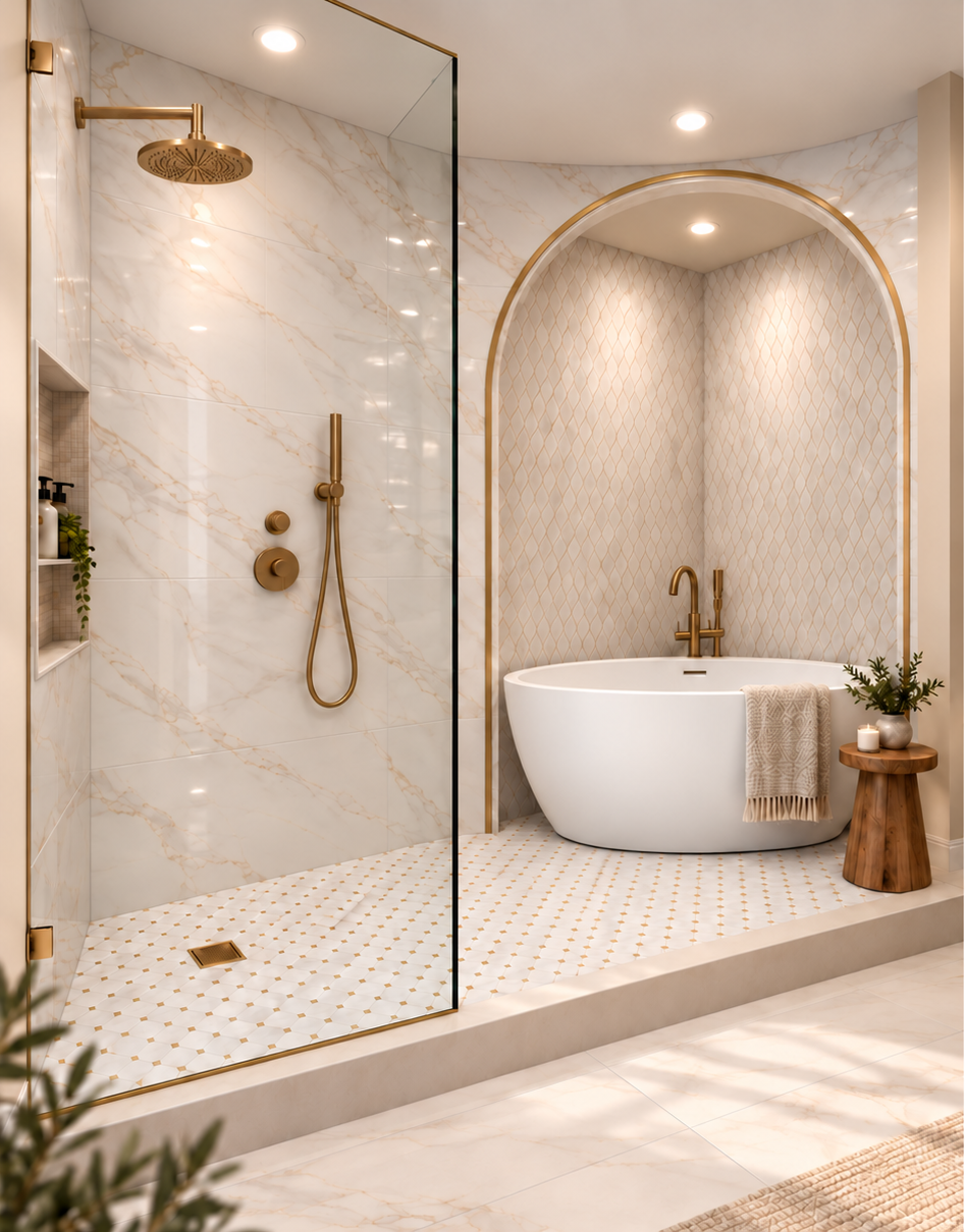 Warm bathroom rendering with glass shower, arched tub alcove and brushed brass fixtures