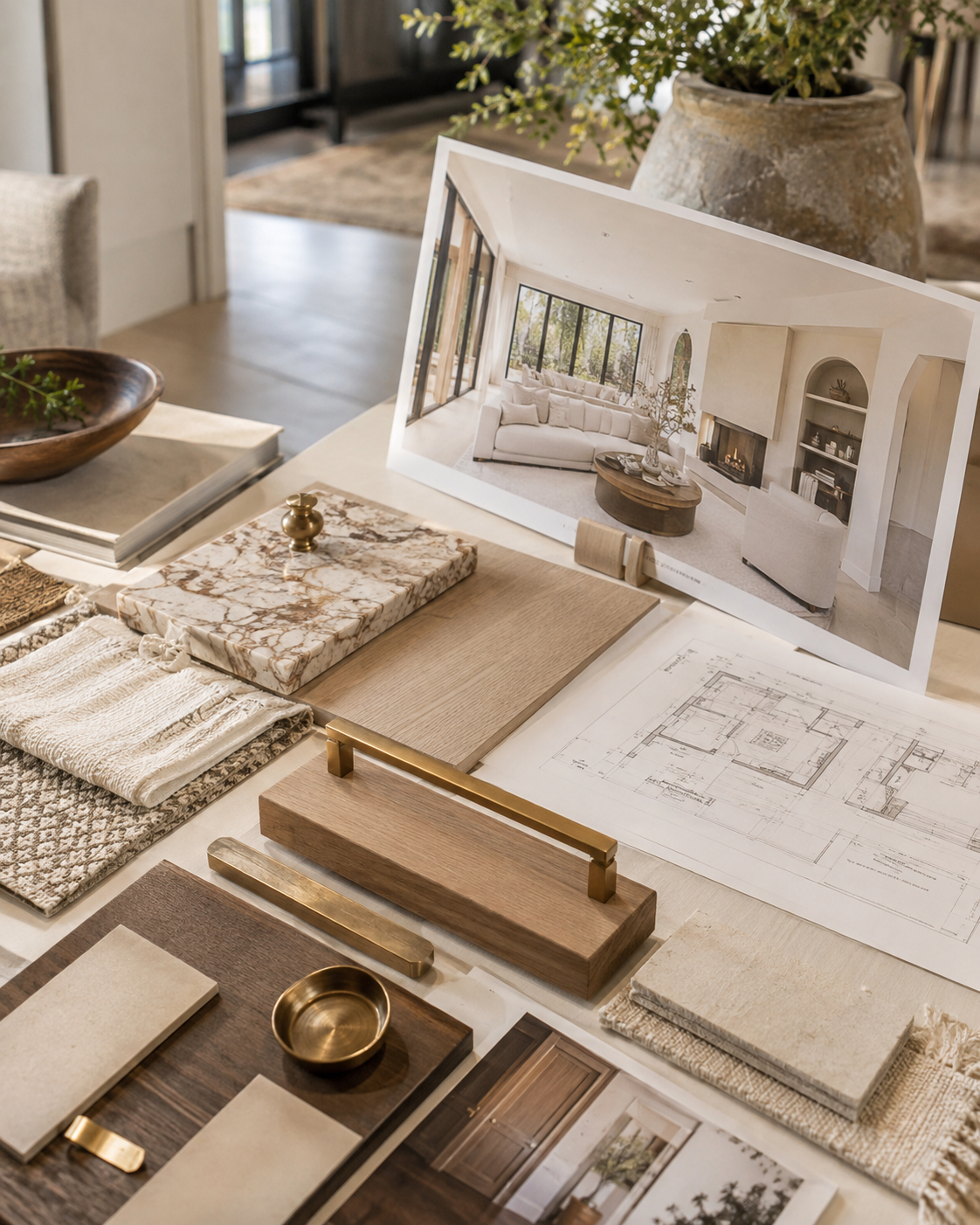 Interior design presentation with a living room rendering and refined material selections