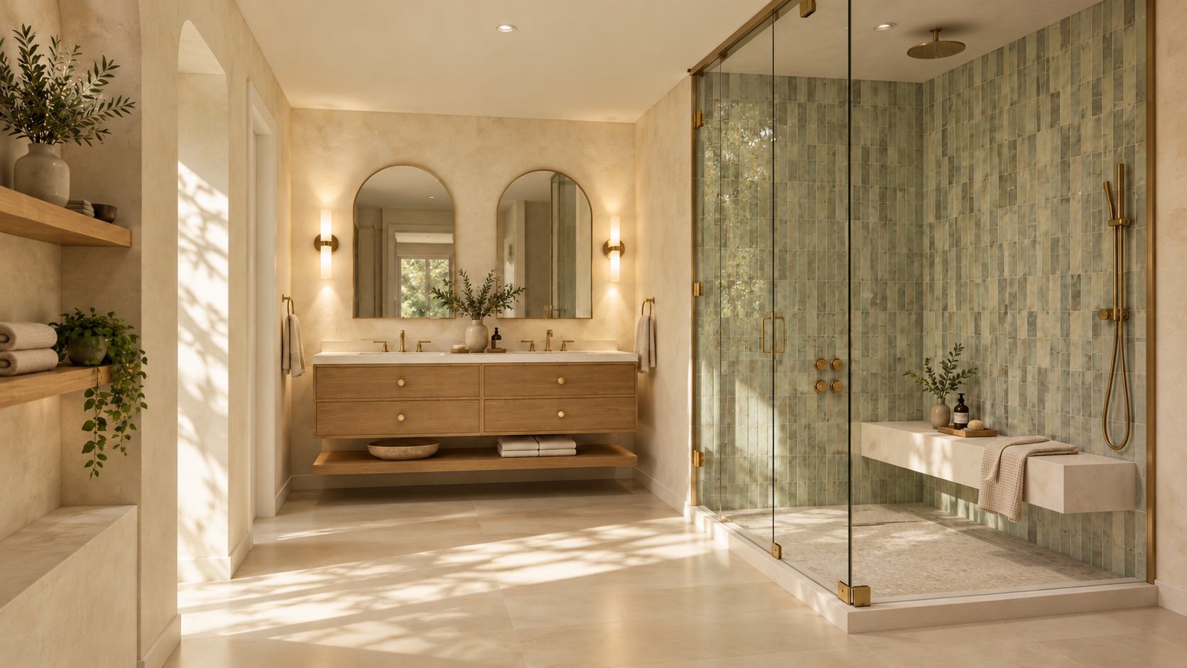 Warm spa bathroom with an oak double vanity, green tile shower and brass fixtures, interior design by CKB in Charleston