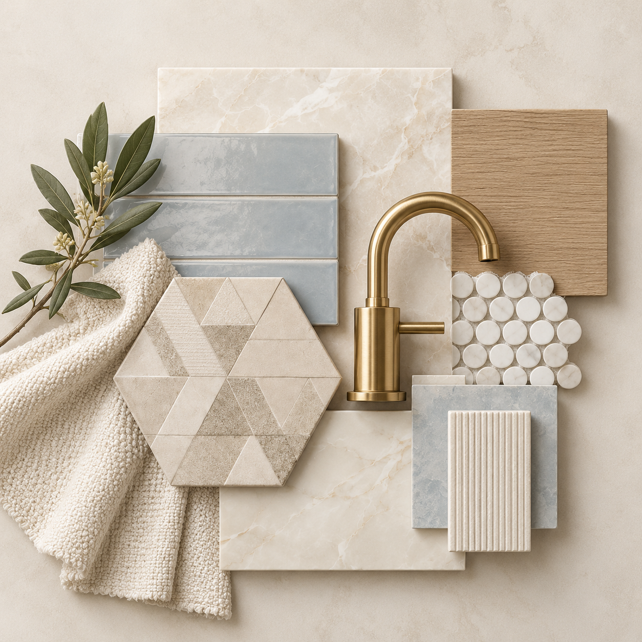 Bathroom material palette of soft blue tile, warm stone, light oak and brushed brass