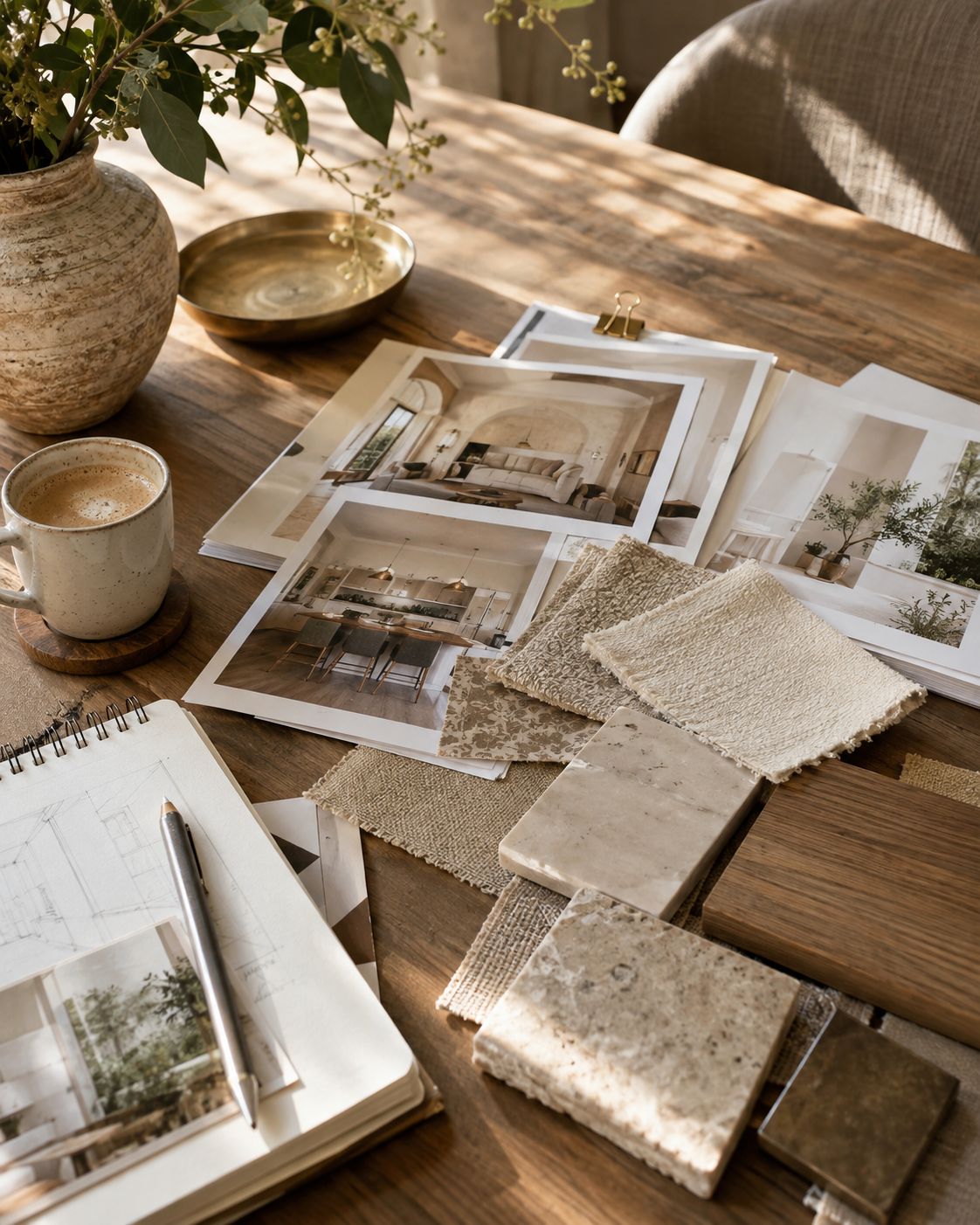 Consultation and discovery workspace with inspiration imagery, fabric swatches and notes