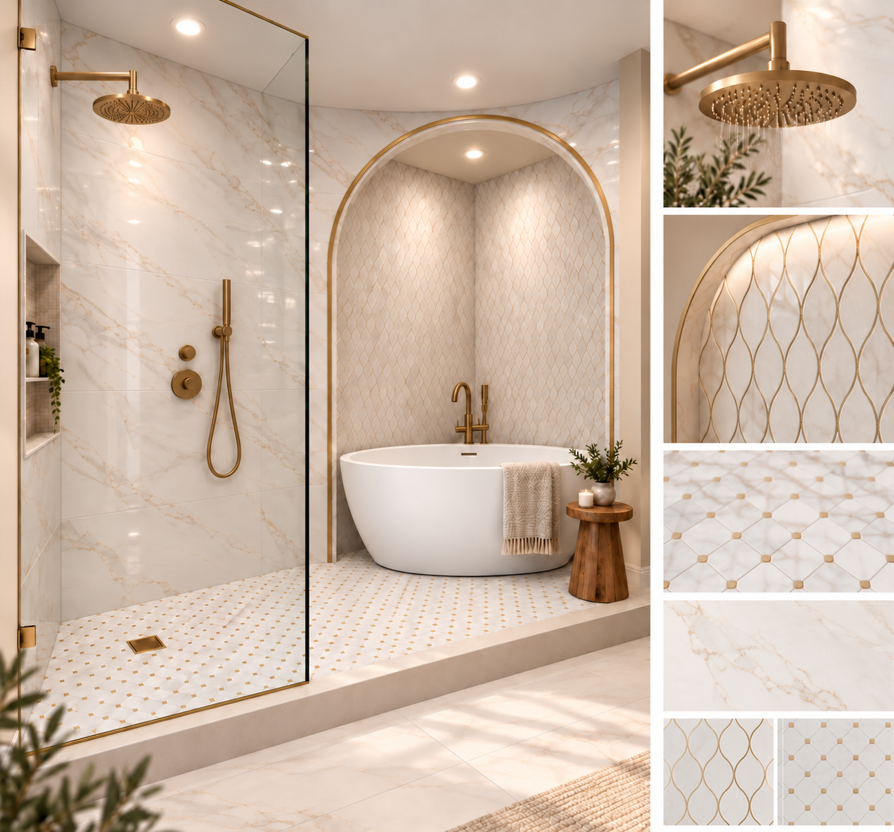 Shower and bathtub material study showing an arched alcove, coordinated tile and brass fixtures