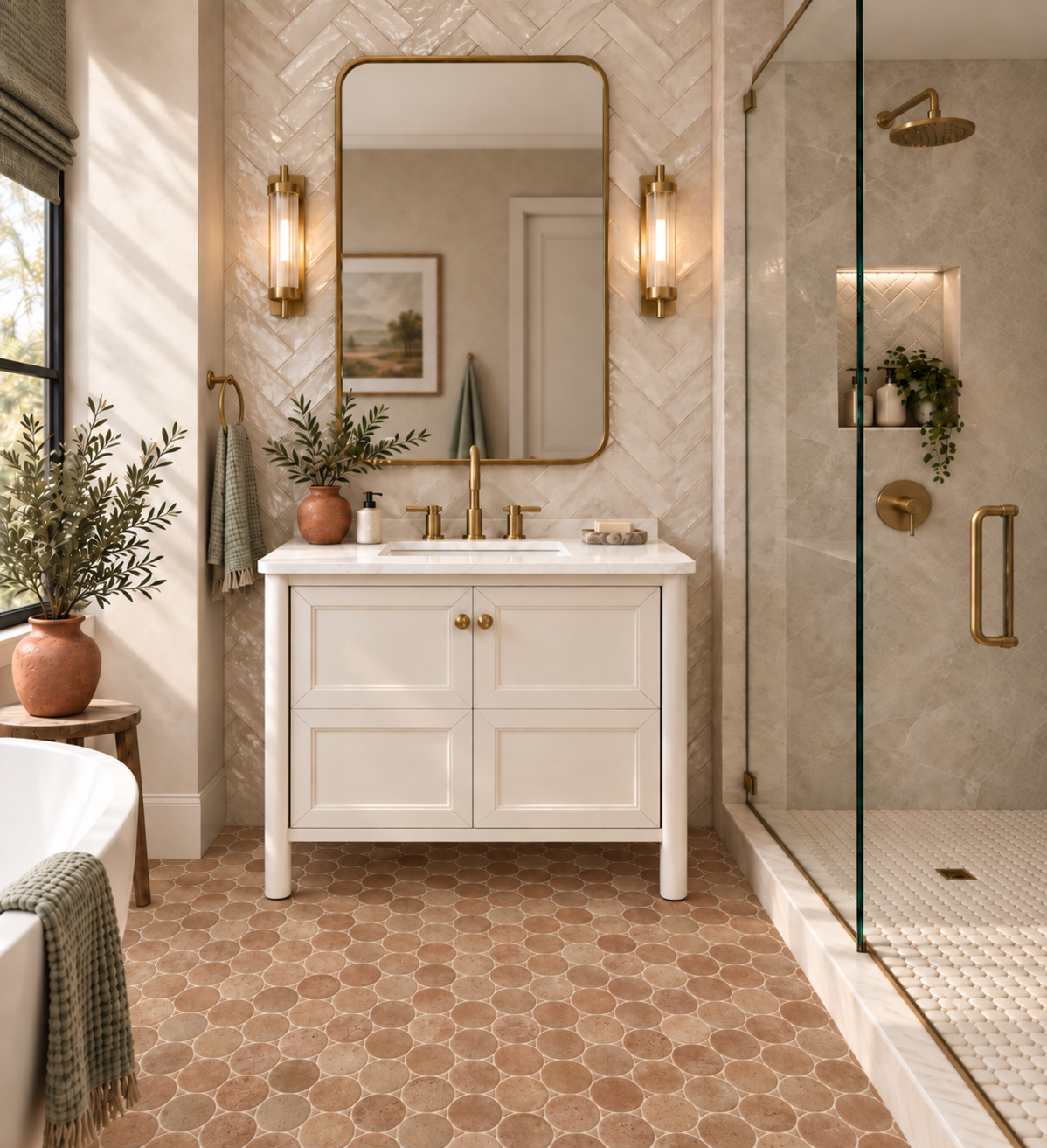 Bathroom concept with cream vanity, terracotta floor tile and brass shower fixtures
