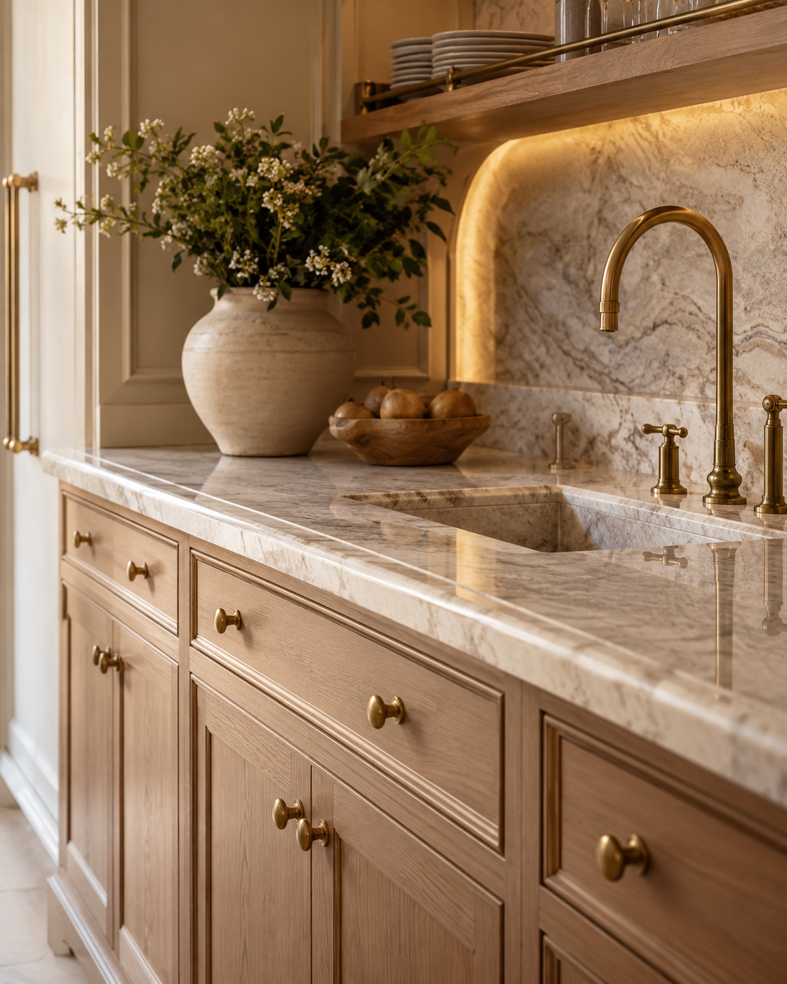 Finished warm oak cabinetry, natural stone countertop and brass faucet installation