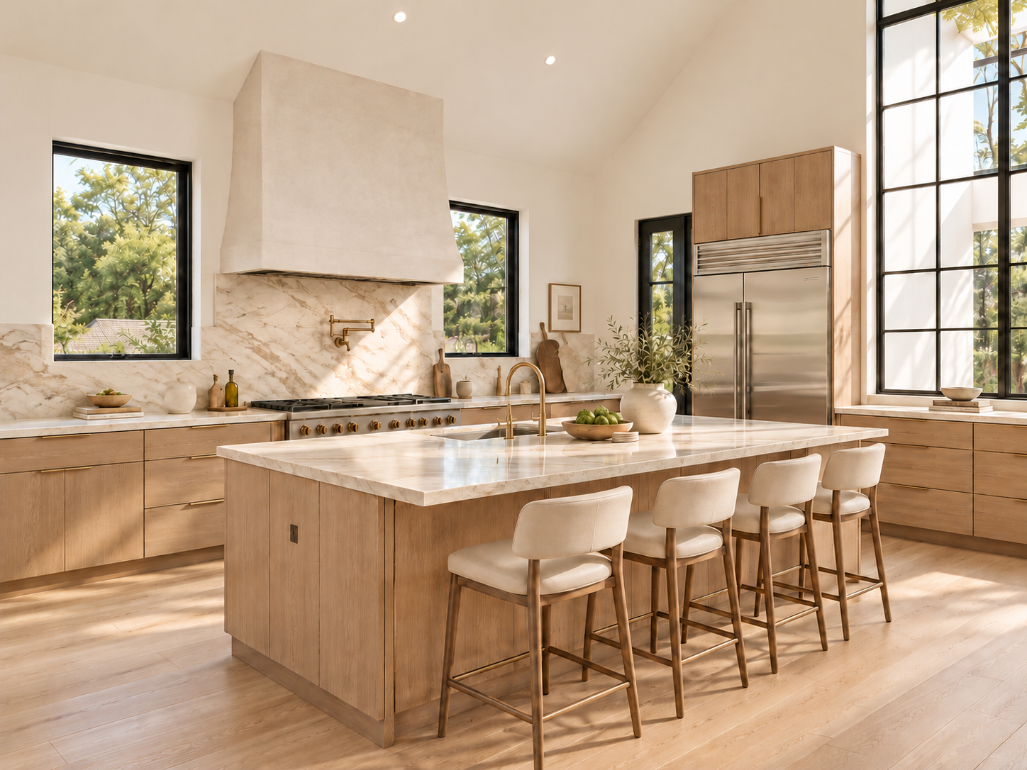 Light oak kitchen concept with large stone island, natural cabinetry and brass fittings