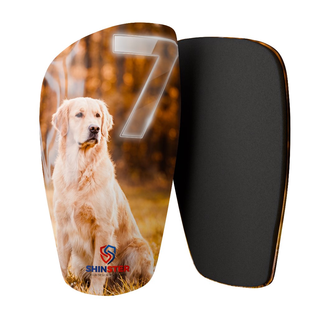 Custom-printed Shinster shin guard showing the photo design and the foam padded interior
