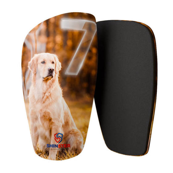 Custom-printed Shinster shin guard showing the photo design and the foam padded interior