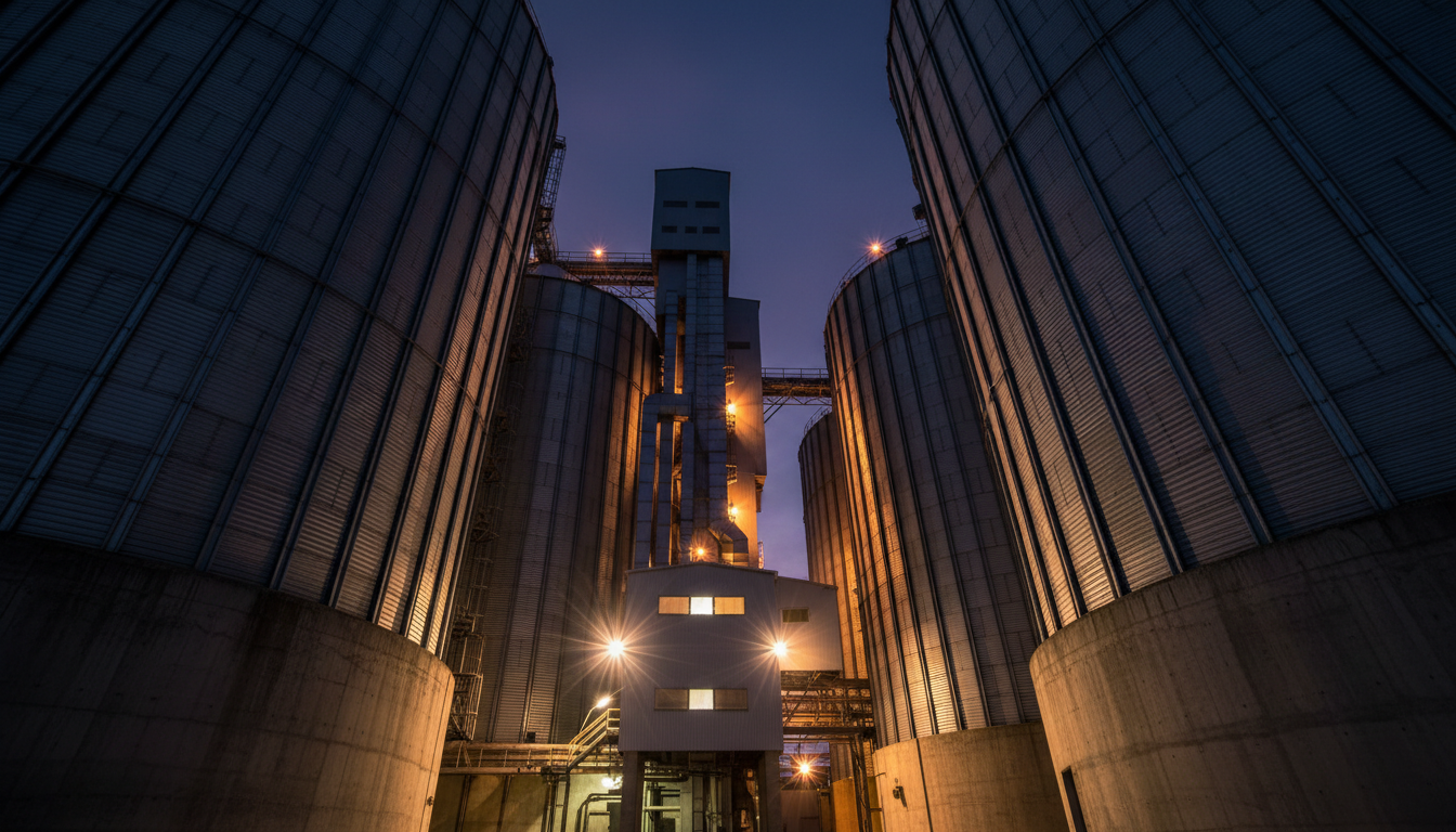 Industrial grain elevator complex at dusk