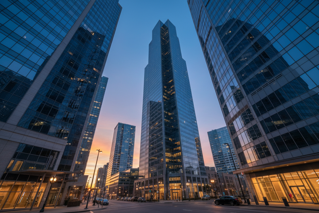 Modern commercial district architecture representing general liability
