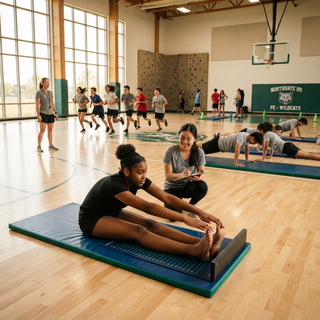 PE students completing fitness testing in a school gym