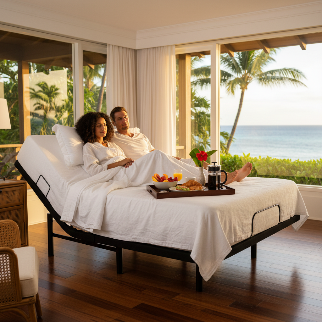 Couple relaxing on an Essence & Trove adjustable base in a tropical resort bedroom