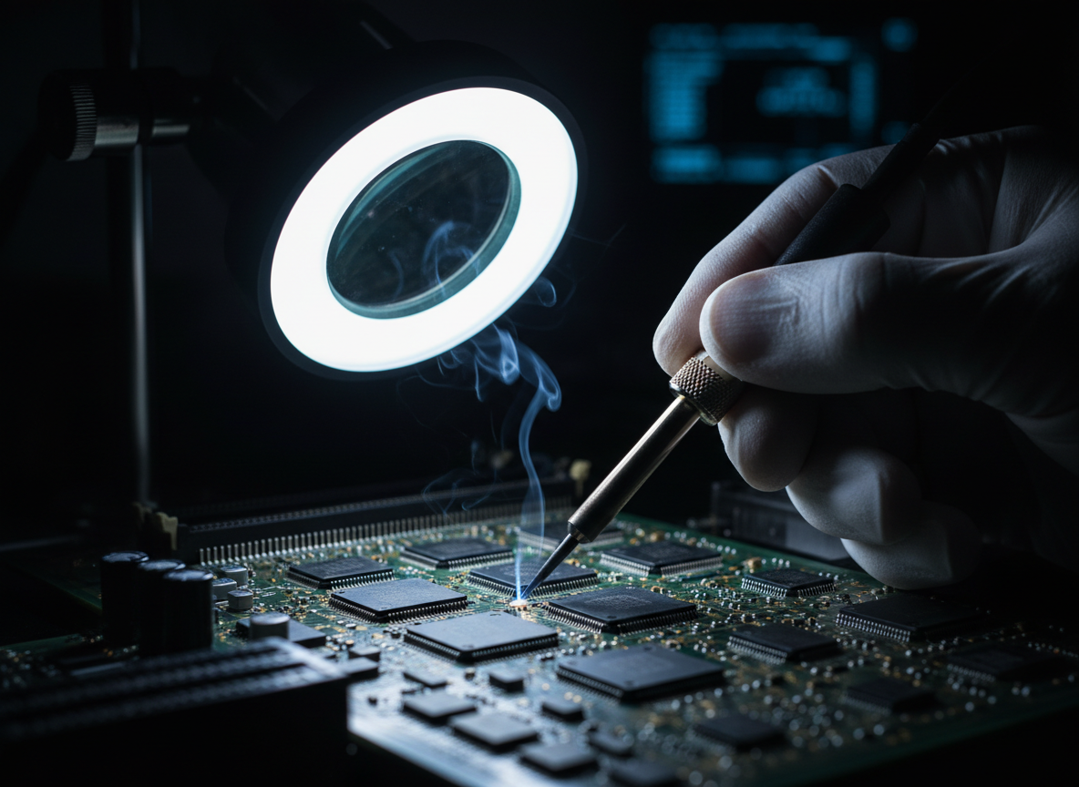 Engineer's hand adjusting component under laboratory ring light