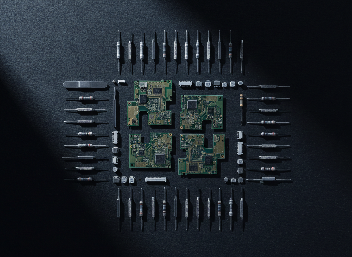Disassembled circuit board with precision tools on black slate