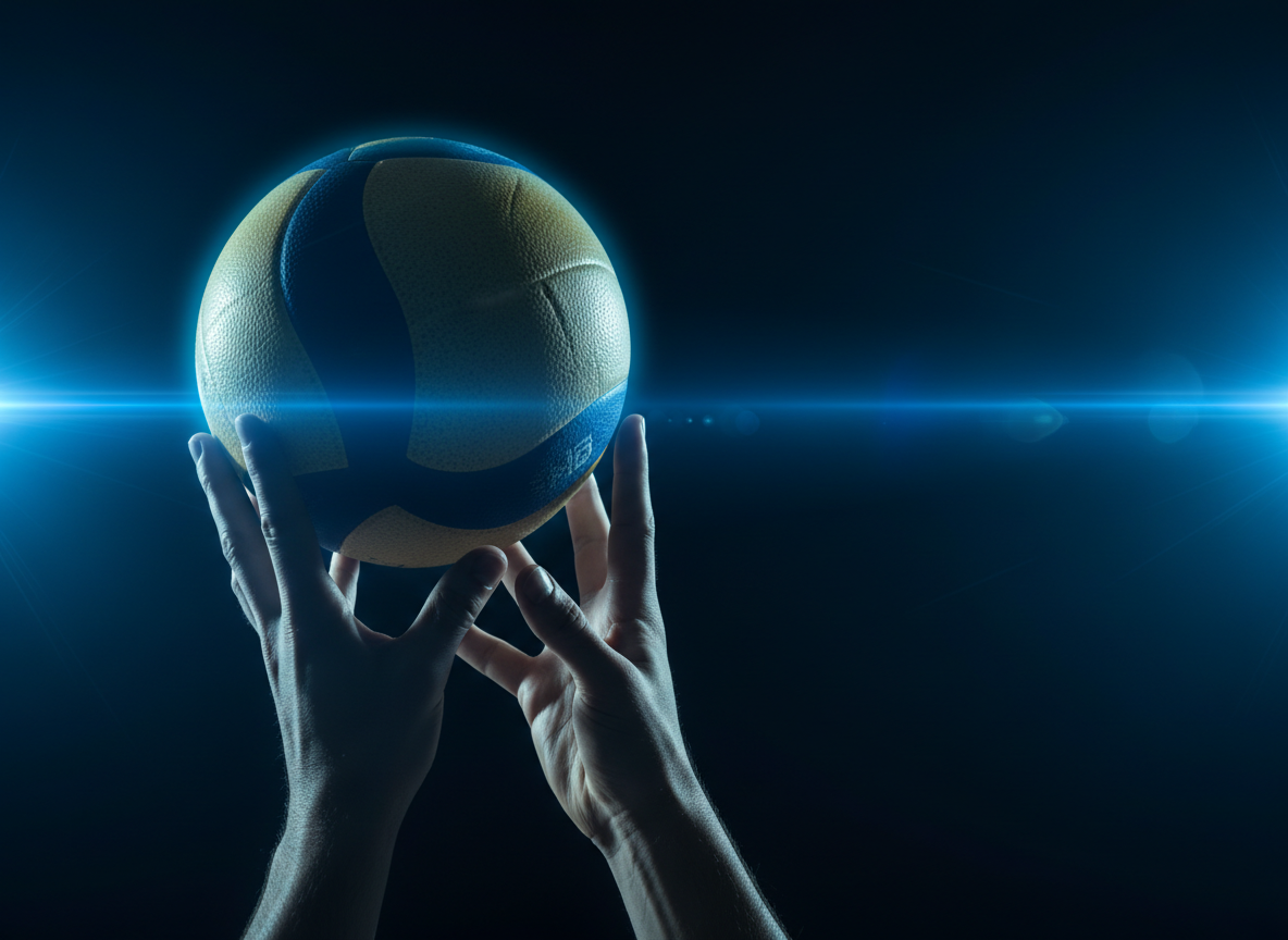 Volleyball setter in action with dramatic blue lighting