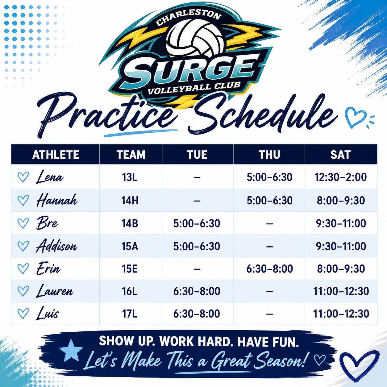 Charleston Surge Practice Schedule