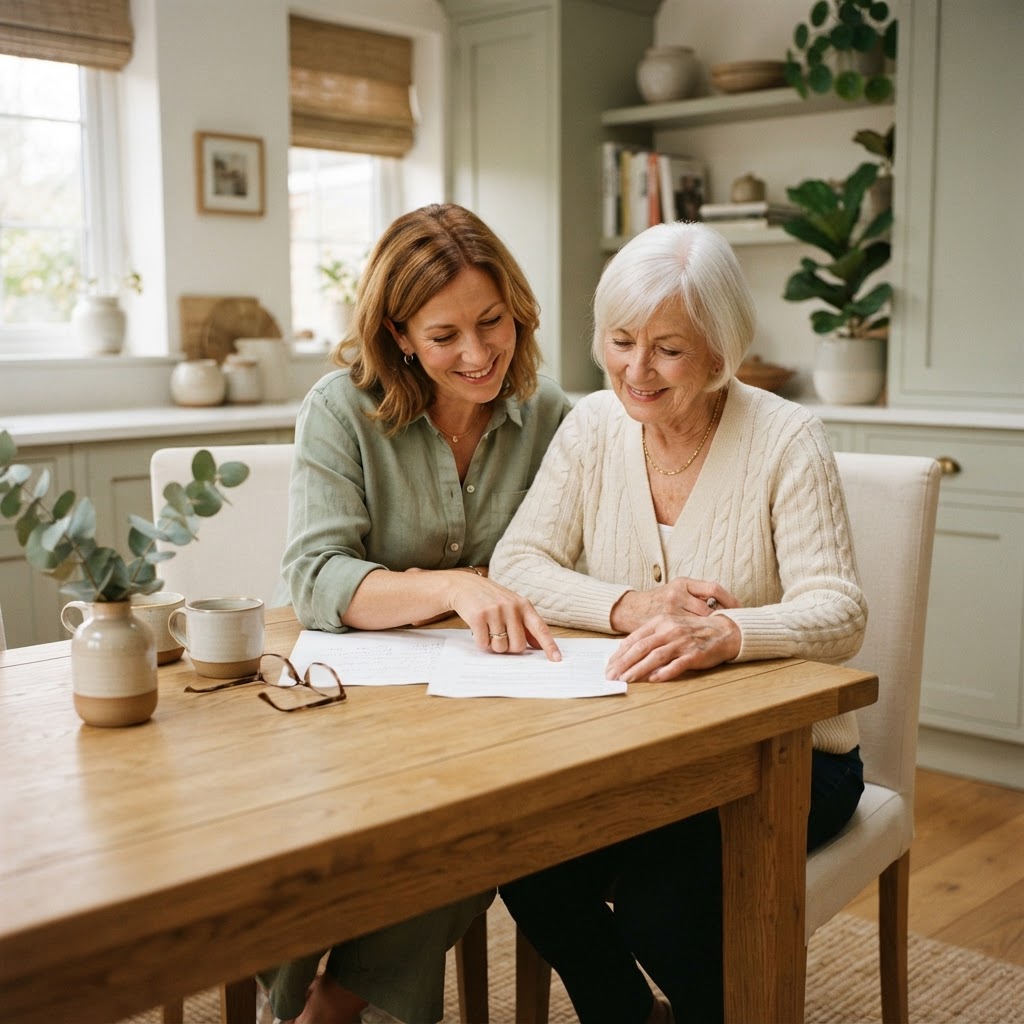 An adult daughter reviewing documents with her older parent