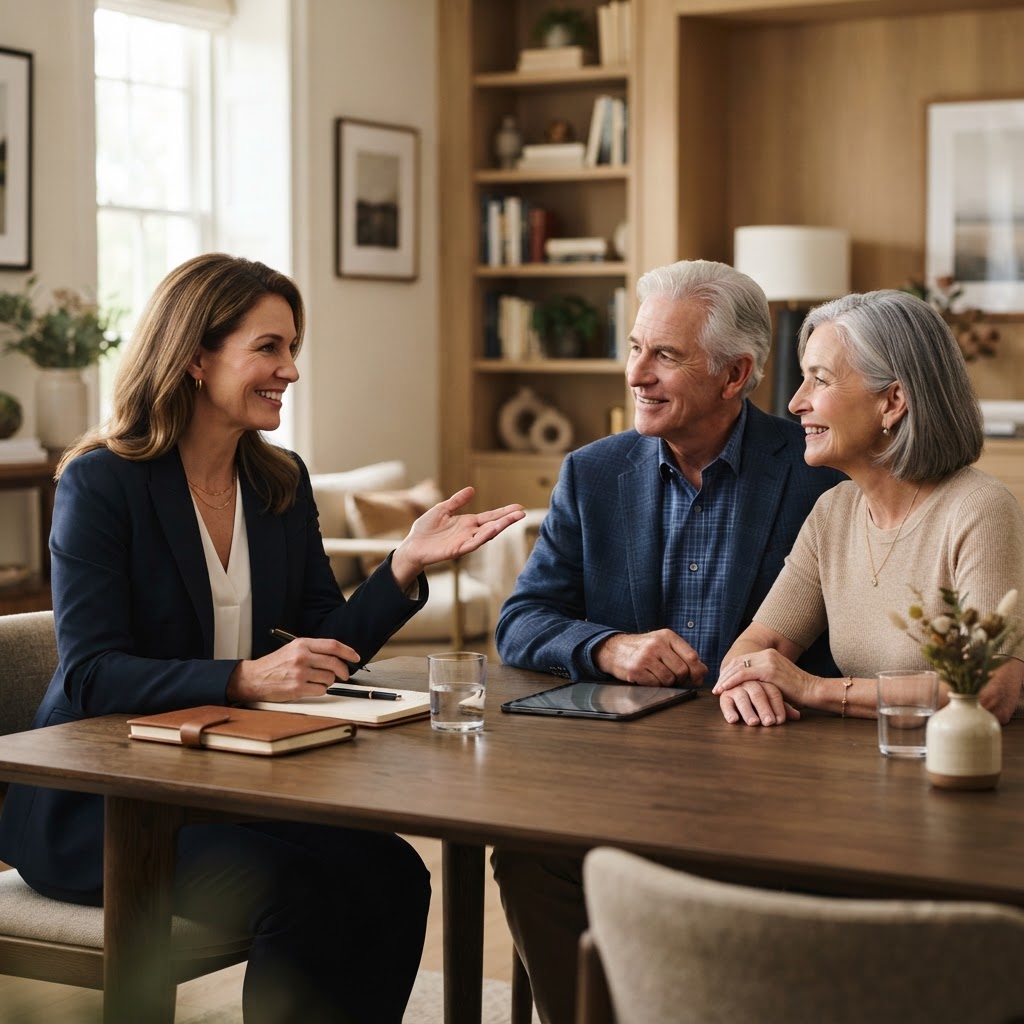 A Medicare advisor in conversation with a client in a warmly lit office