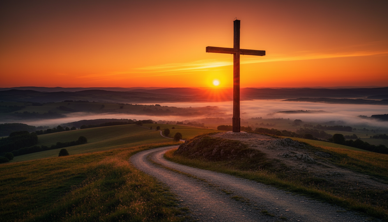 Rugged cross at sunset