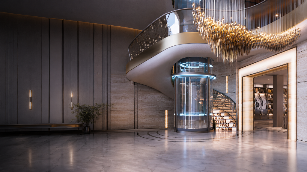 Grand entrance hall with glass panoramic lift