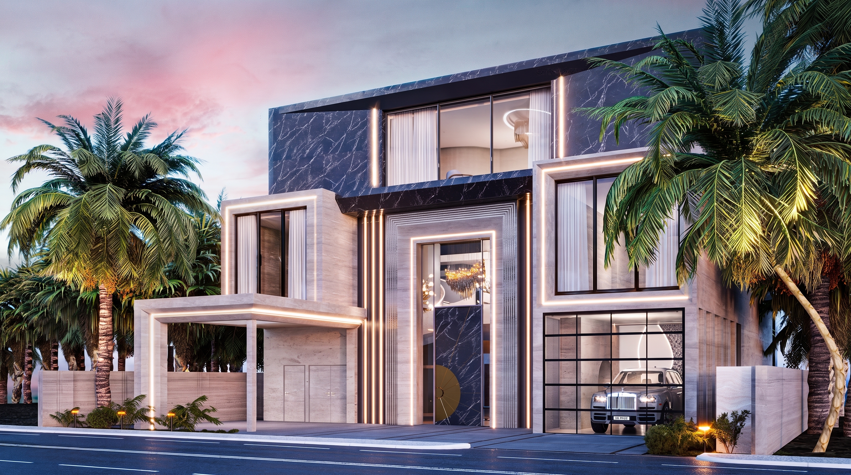 Villa Sapphire front facade at dusk