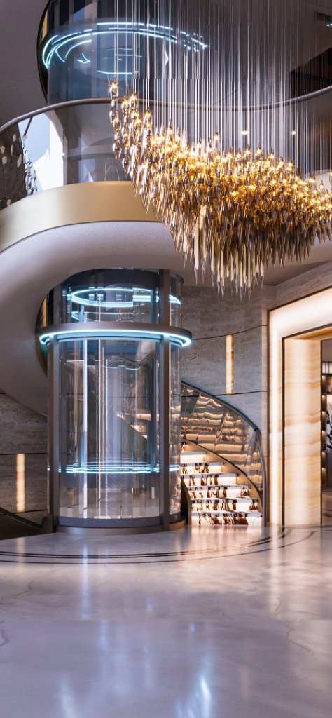 Grand entrance hall with glass panoramic lift
