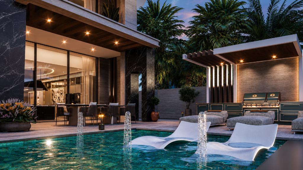 Villa Sapphire outdoor kitchen and pool loungers at twilight