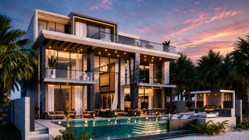 Villa Sapphire rear terrace and pool at twilight
