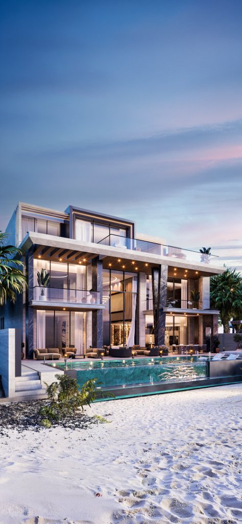 Villa Sapphire front facade at dusk