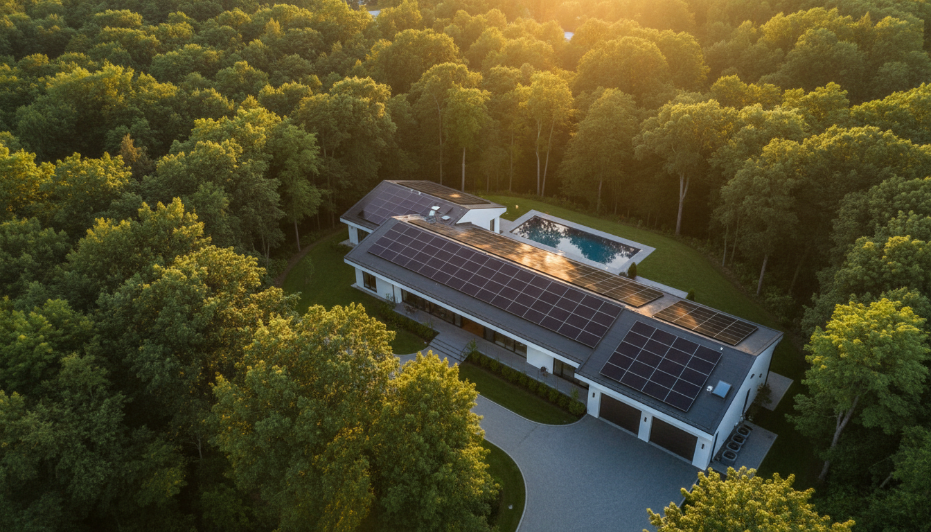 Solar panels on a beautiful home surrounded by nature