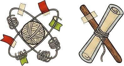 Yarn ball and scroll illustrations