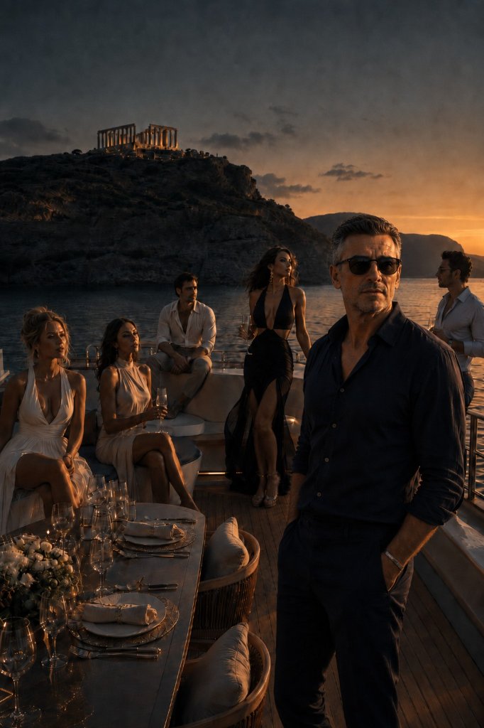 The Elysium Grace — dinner on deck beneath the Temple of Poseidon at dusk