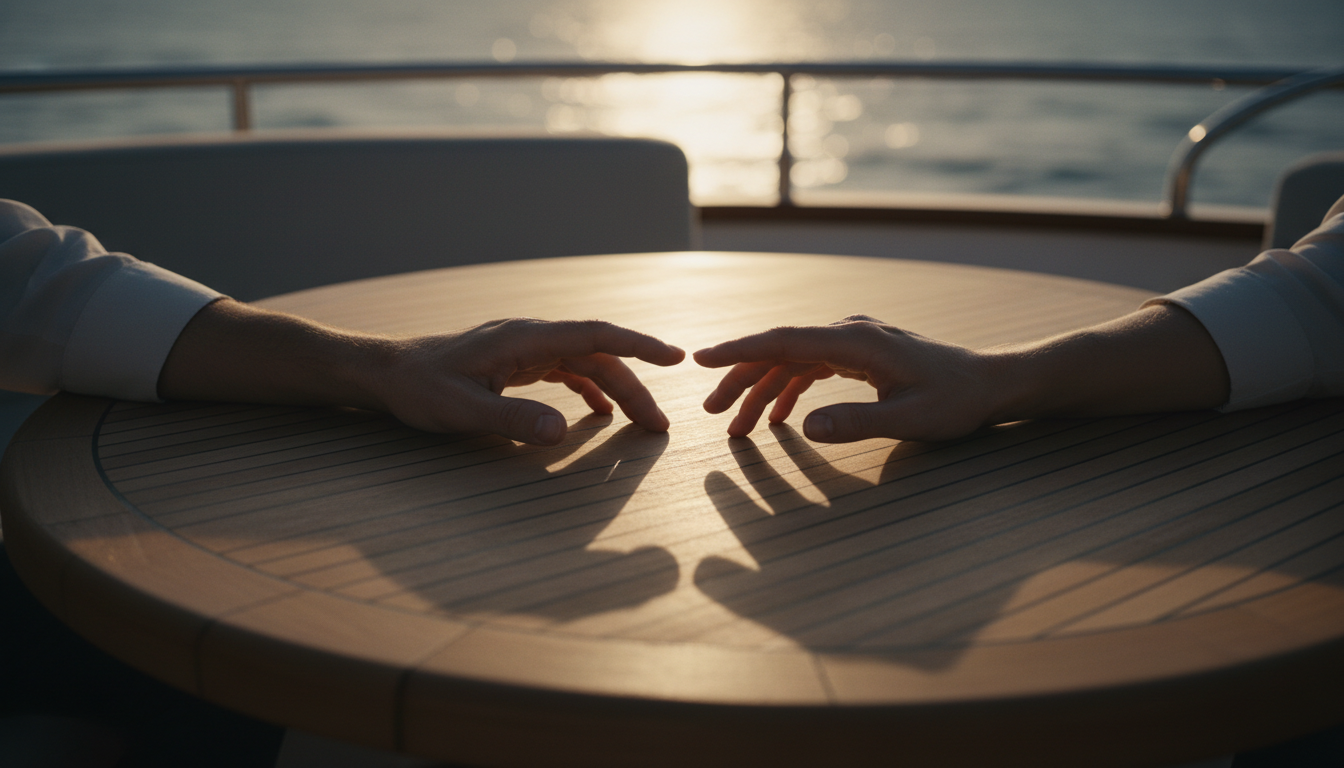 Two hands nearly touching across a candlelit table, golden hour light, intimate and cinematic