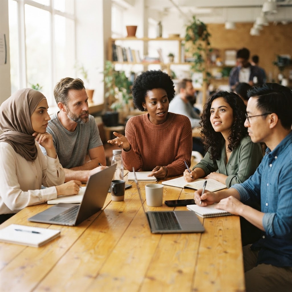A small group of professionals learning AI skills together around a table