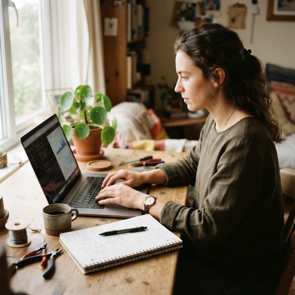 A learner practicing hands-on at a desk with a laptop and handwritten notes