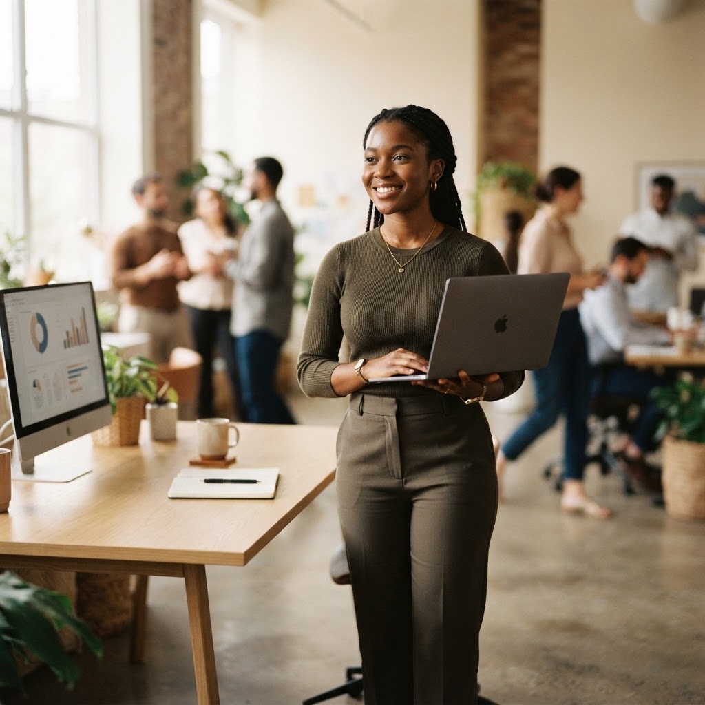 A professional starting a new career, holding a laptop in a modern workspace